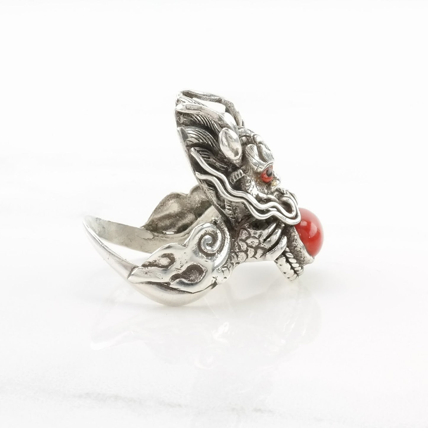 Chinese Export Silver Ring Coral Dragon Sterling Red Size 6 3/4