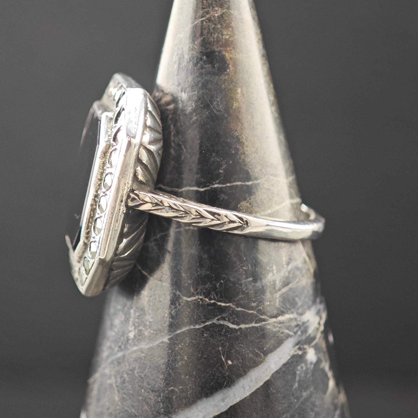 Art Deco Style, Squared Onyx Marcasite Ring Sterling Silver