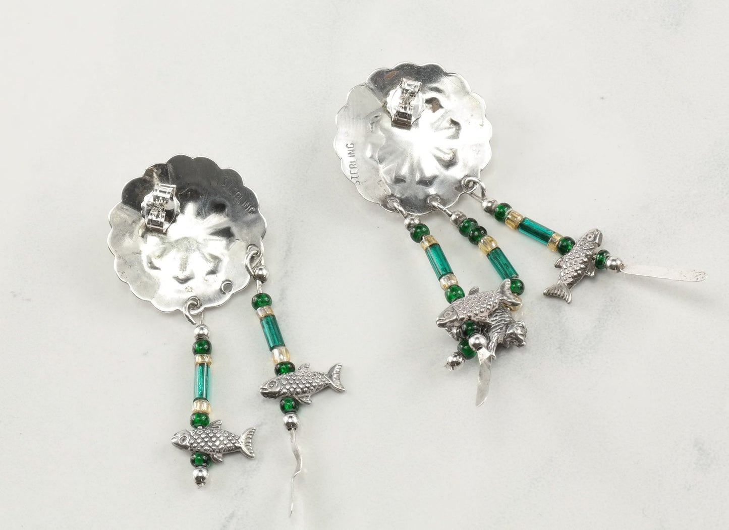 Southwest Sterling Silver Malachite Animal Dreamcatcher Bead Earrings