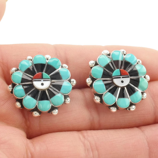 Vintage Zuni Native American Stud Earrings Sterling Silver Sunface Inlay