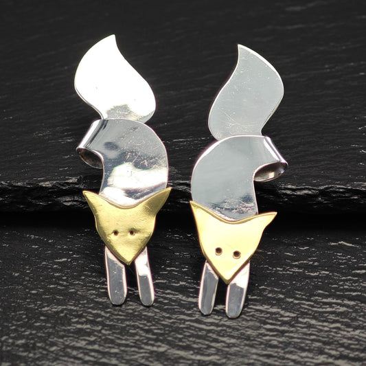 Vintage Gold Tone Fox, Brass Animal Stud Earrings Sterling Silver