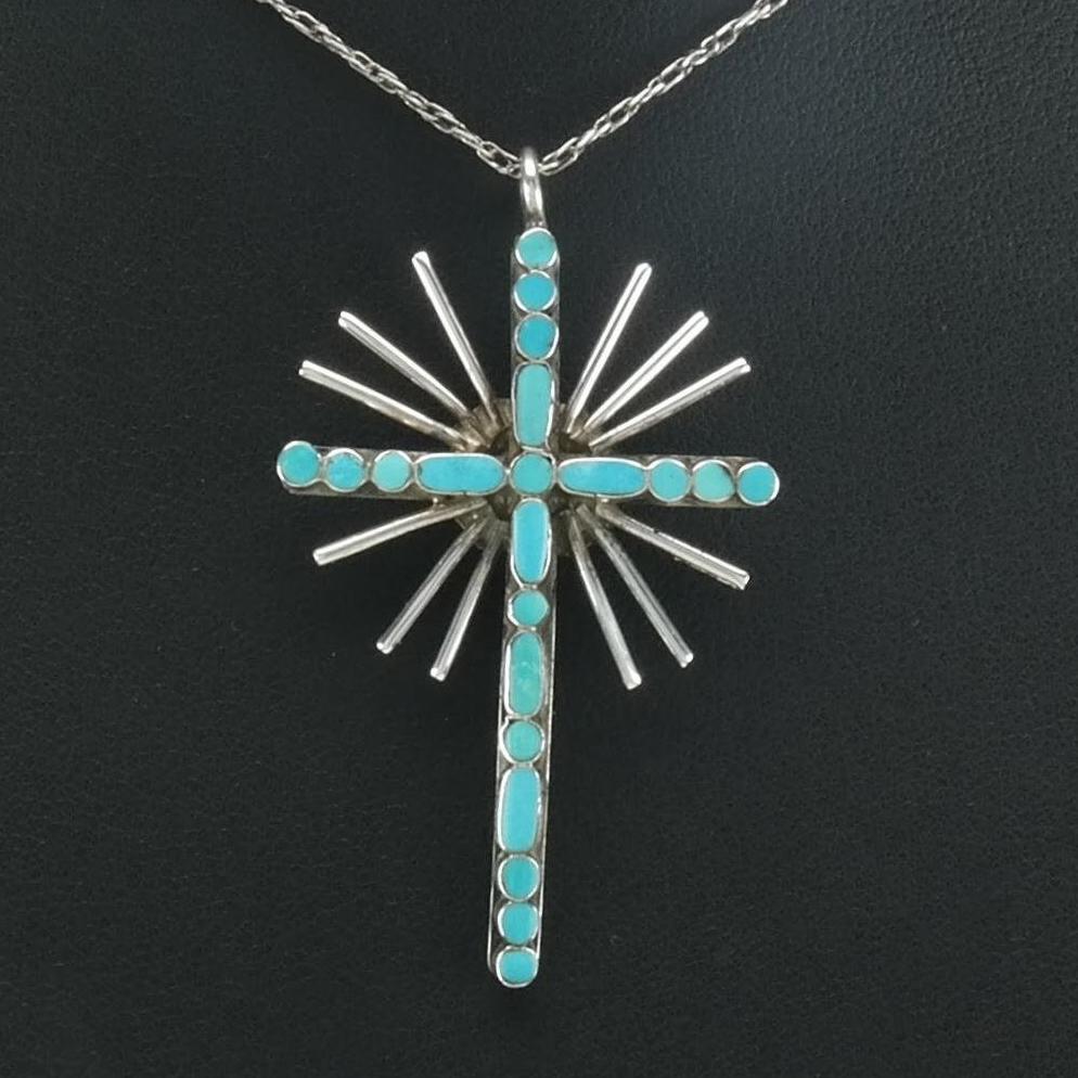 Vintage Native American Sterling Silver Turquoise Cross Necklace, 1970s Dishta Style Inlay, Southwestern Jewelry, Boho Pendant