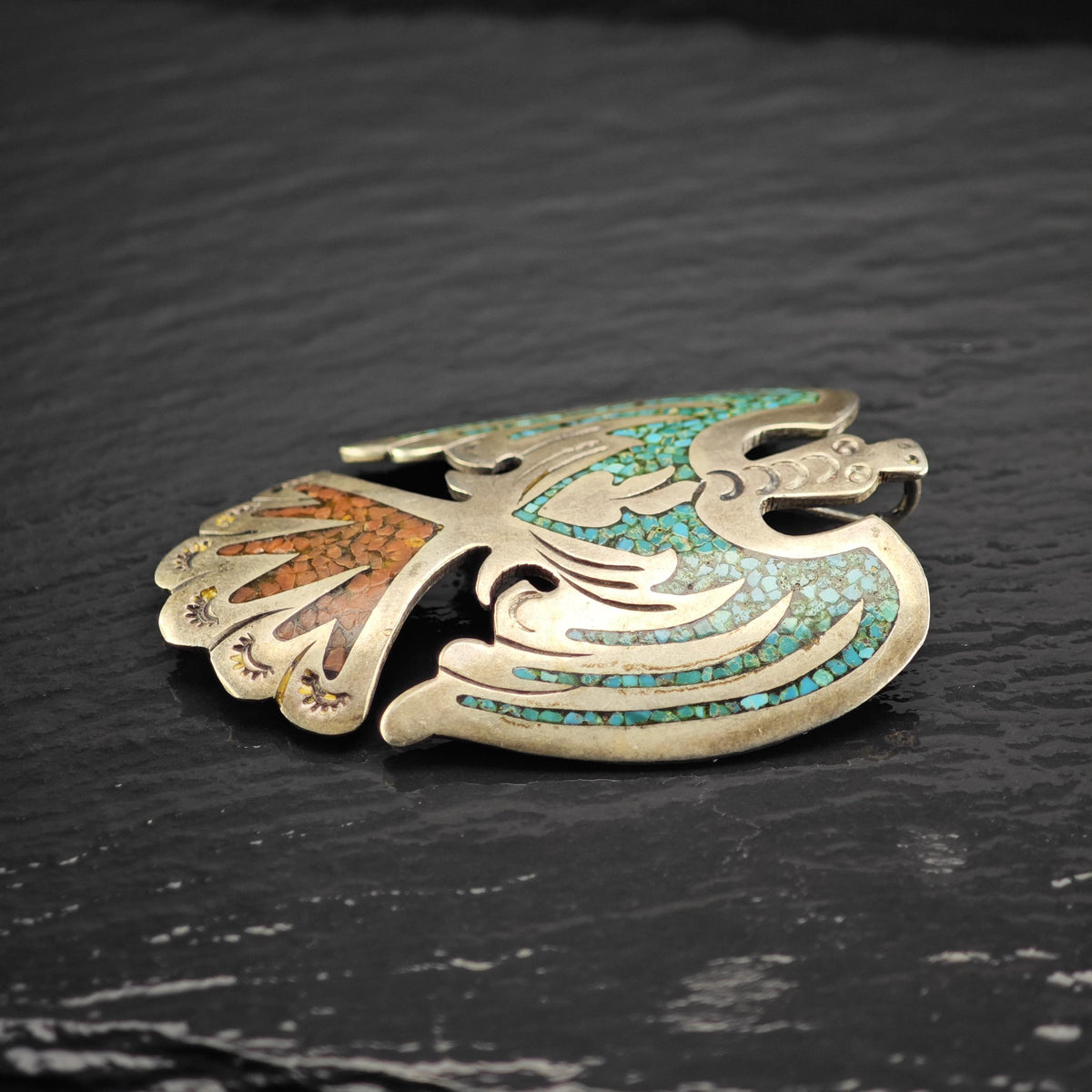 Jimmie Patterson Navajo Thunderbird Turquoise, Coral Inlay Sterling Silver Pendant P3152