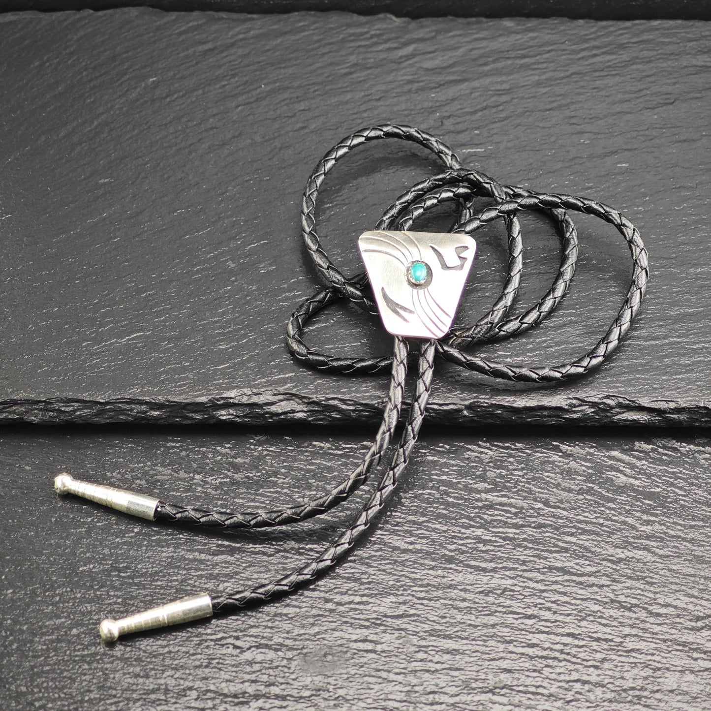 Vintage Native American Sterling Silver Turquoise Overlay Bolo Tie Necklace N2741