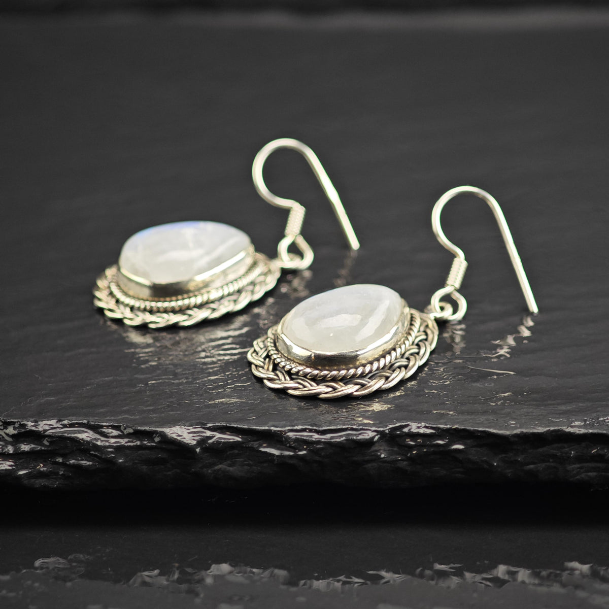 Teardrop Moonstone Braided Detail Sterling Silver Dangle Earrings ER3214