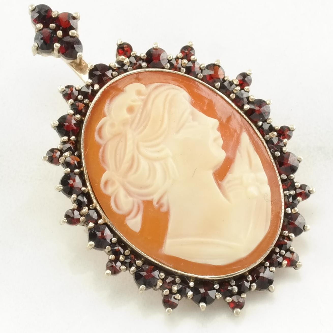 Vintage Red, Orange Silver Brooch Pendant Bohemian Garnet, Gold Gilded Cameo Sterling