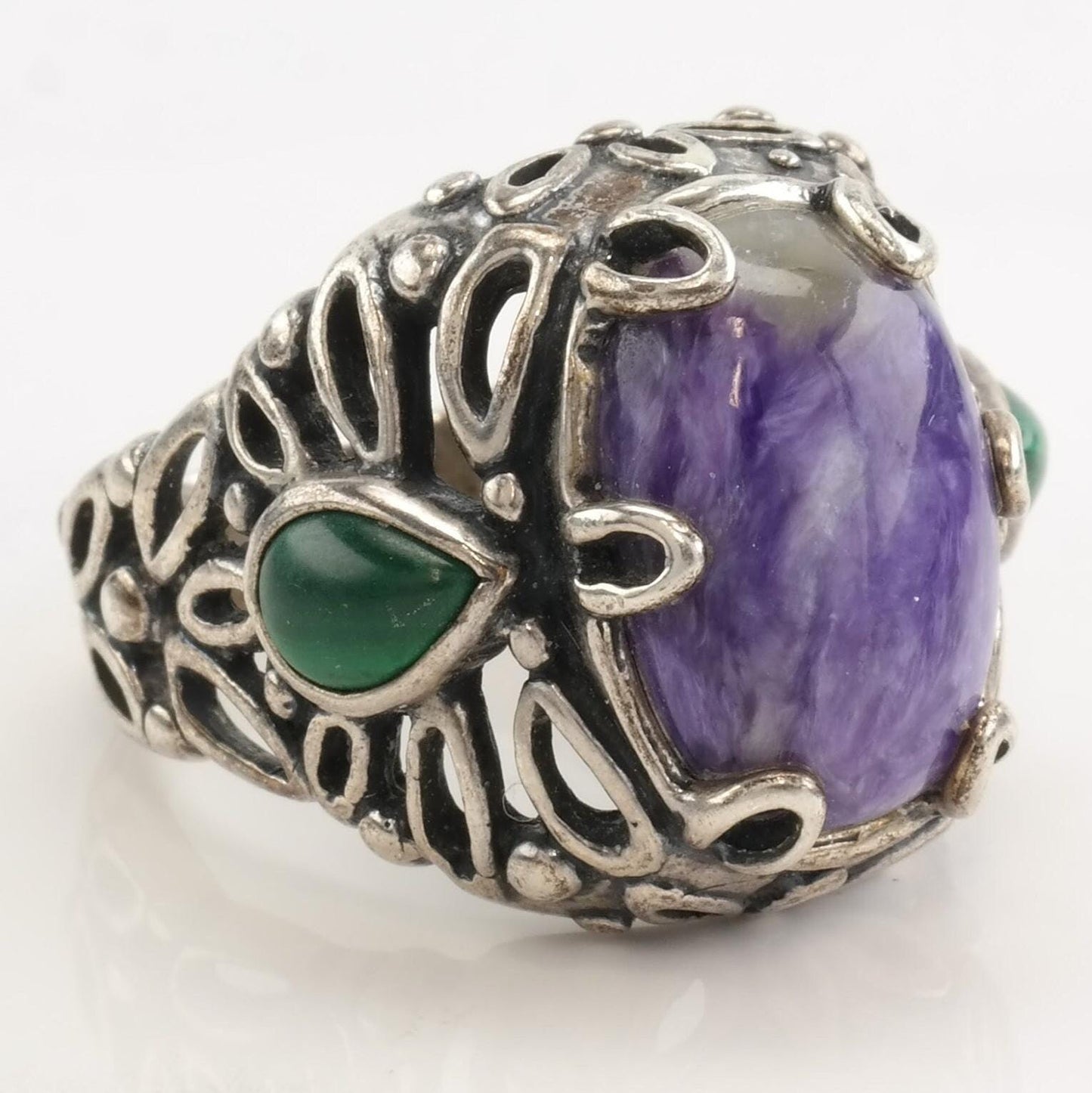 Vintage Carolyn Pollack Silver Ring Malachite Charoite Teardrop Sterling Size 8 1/2