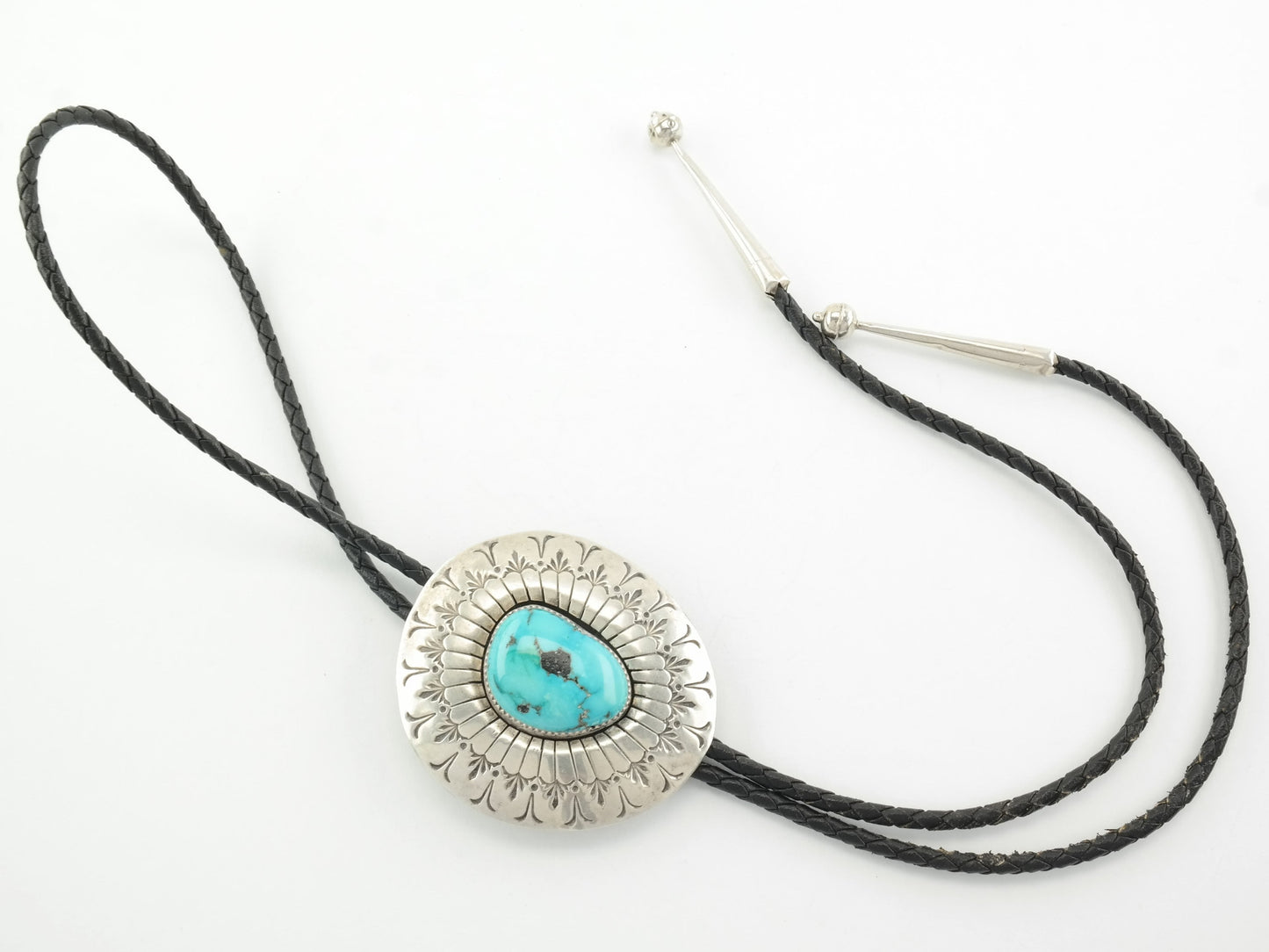 Vintage Native American Large Sterling Silver Blue Turquoise Stamped Bolo Tie