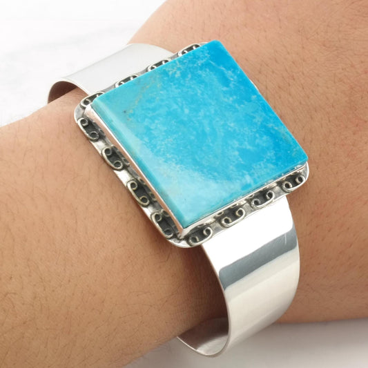 DTR Blue Turquoise Square Cut, Sterling Silver Cuff Bracelet