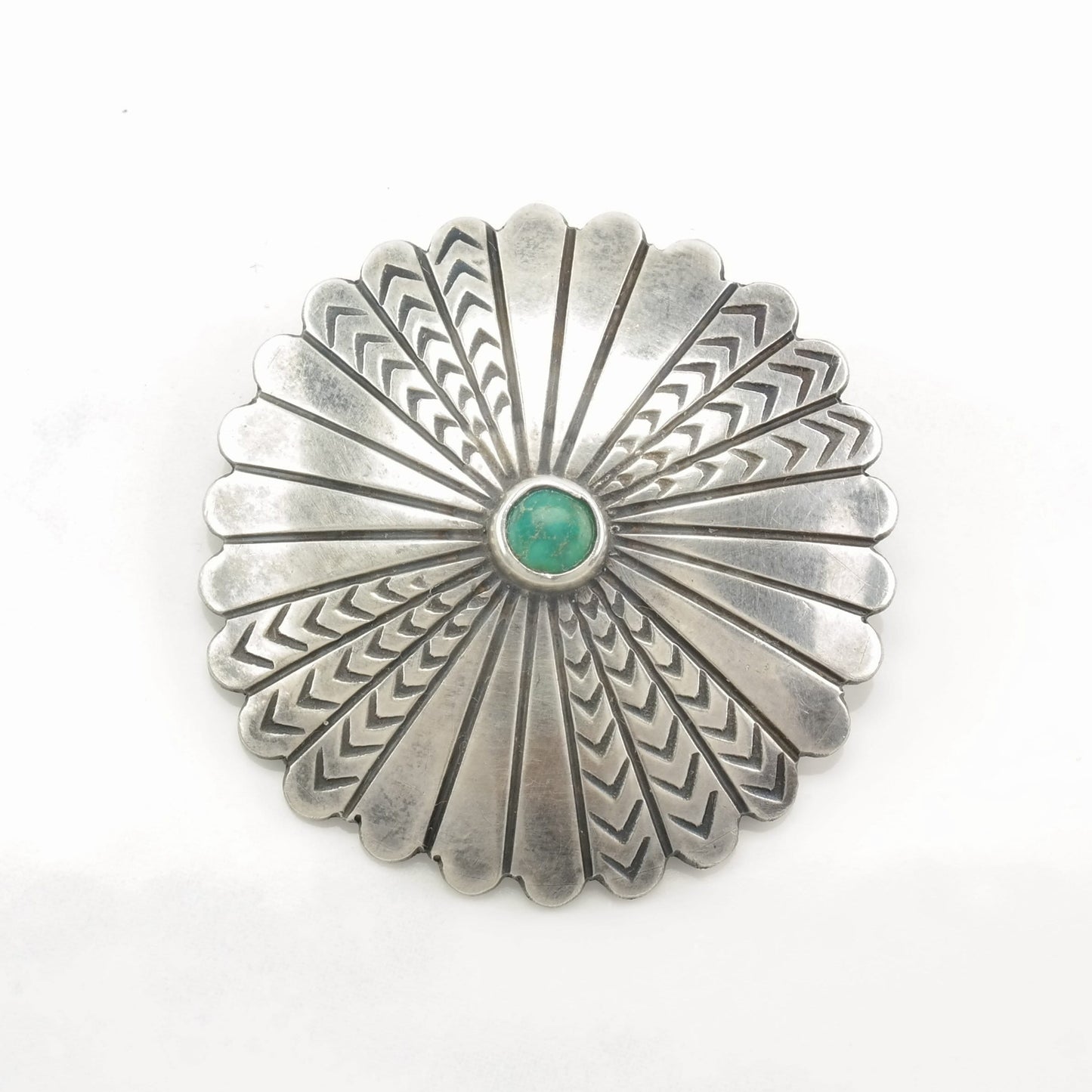 Native American Sterling Silver Brooch Concho Green Turquoise