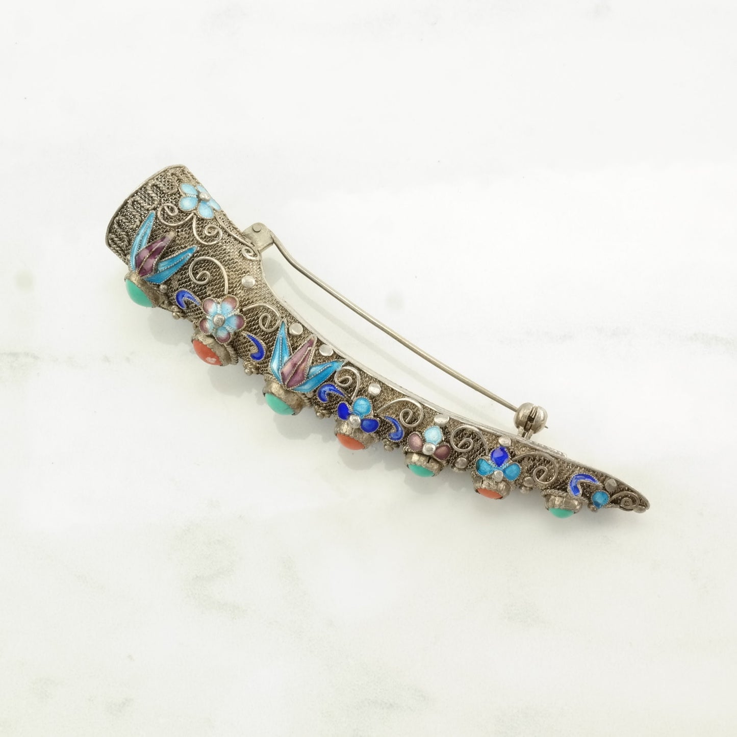 Antique Chinese Sterling Silver Brooch Enamel, Filigree Turquoise, Coral, Nail