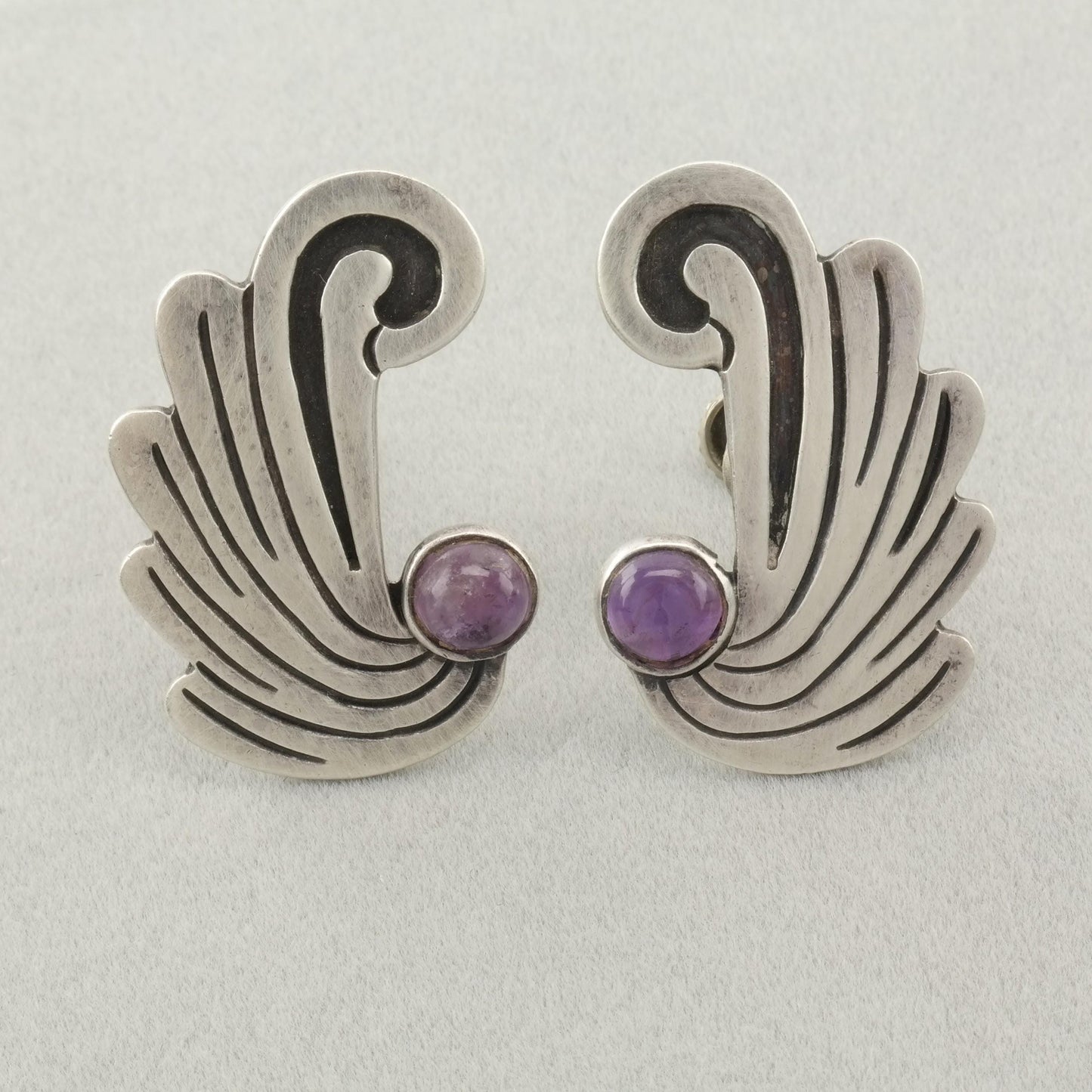 Vintage Taxco Amethyst Sterling Silver Screw Back Earrings Wings or Waves