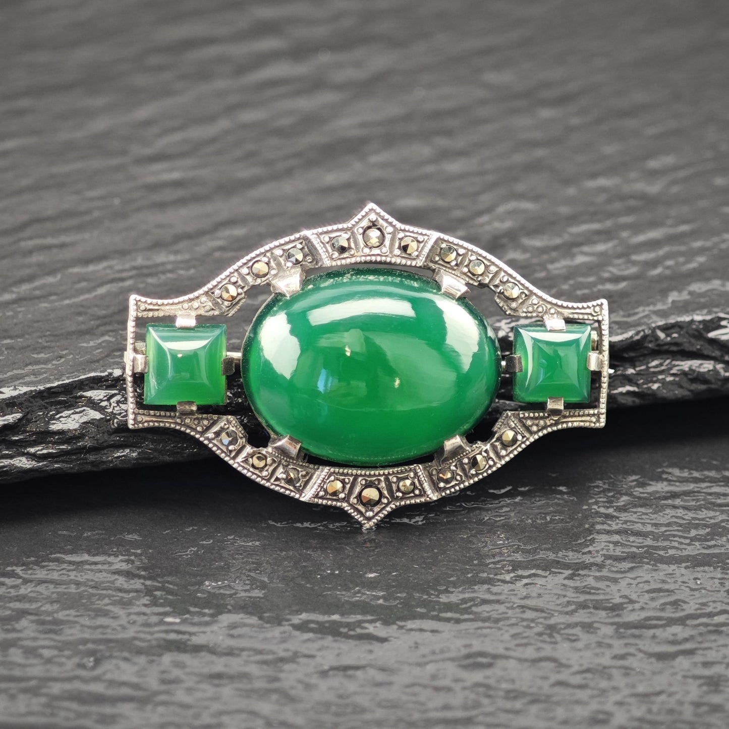 Art Deco Sterling Silver Brooch Oval Green Onyx, Marcasite B2141