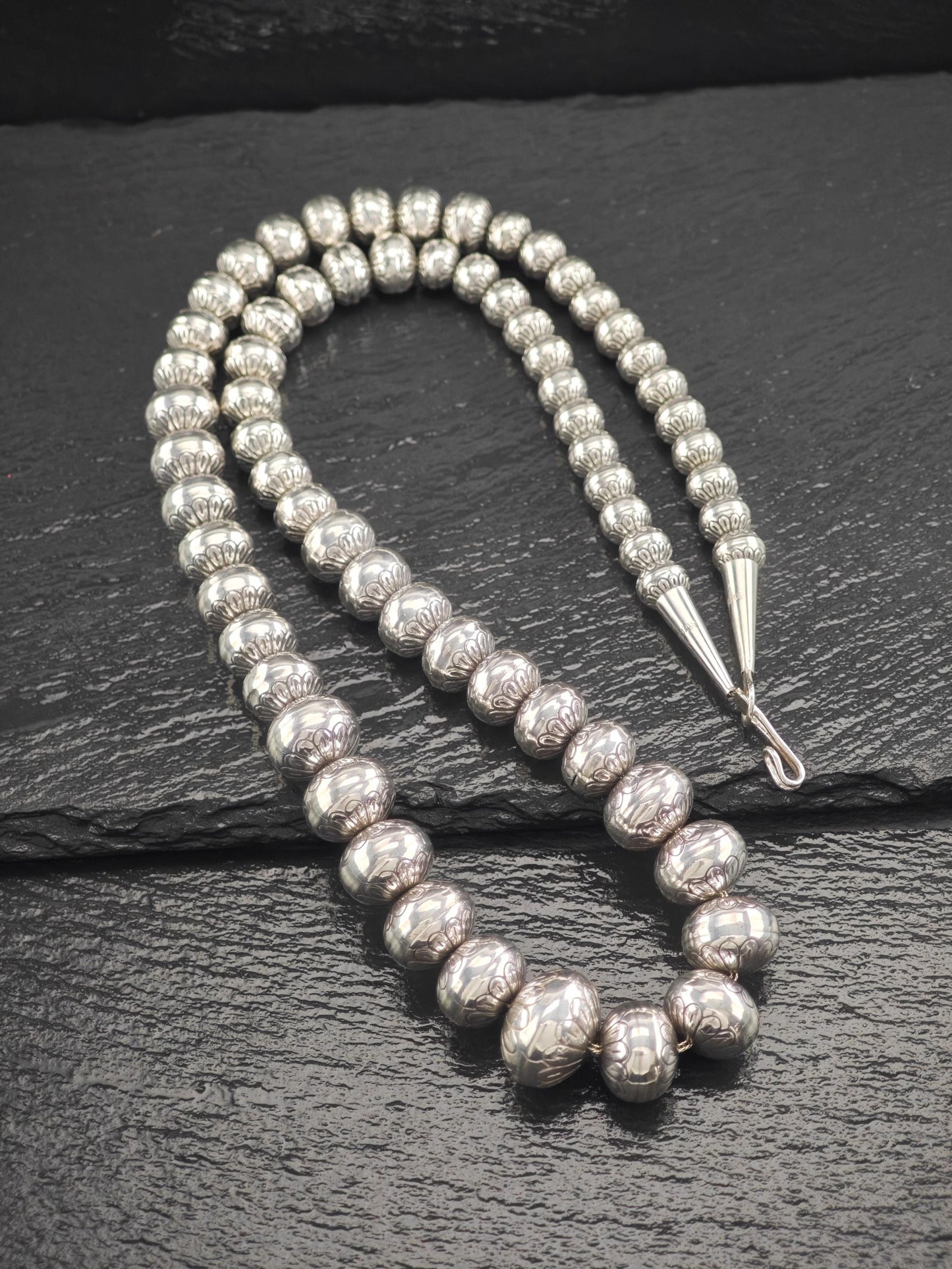 Native 17-8mm, Graduated Stamped Beaded, Necklace Sterling Silver N2512