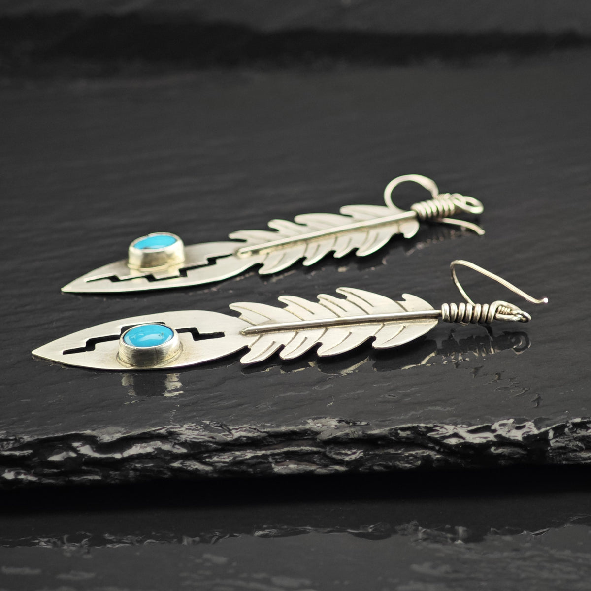 Navajo Turquoise Feather Design Dangle Sterling Silver Earrings ER3237