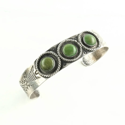 Fred Harvey Era Sterling Silver Cuff Bracelet Green Turquoise Stamped