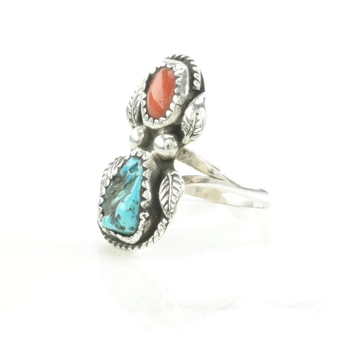 Native American Silver Ring Turquoise, Coral Leaf Sterling Blue, Red Size 6 3/4