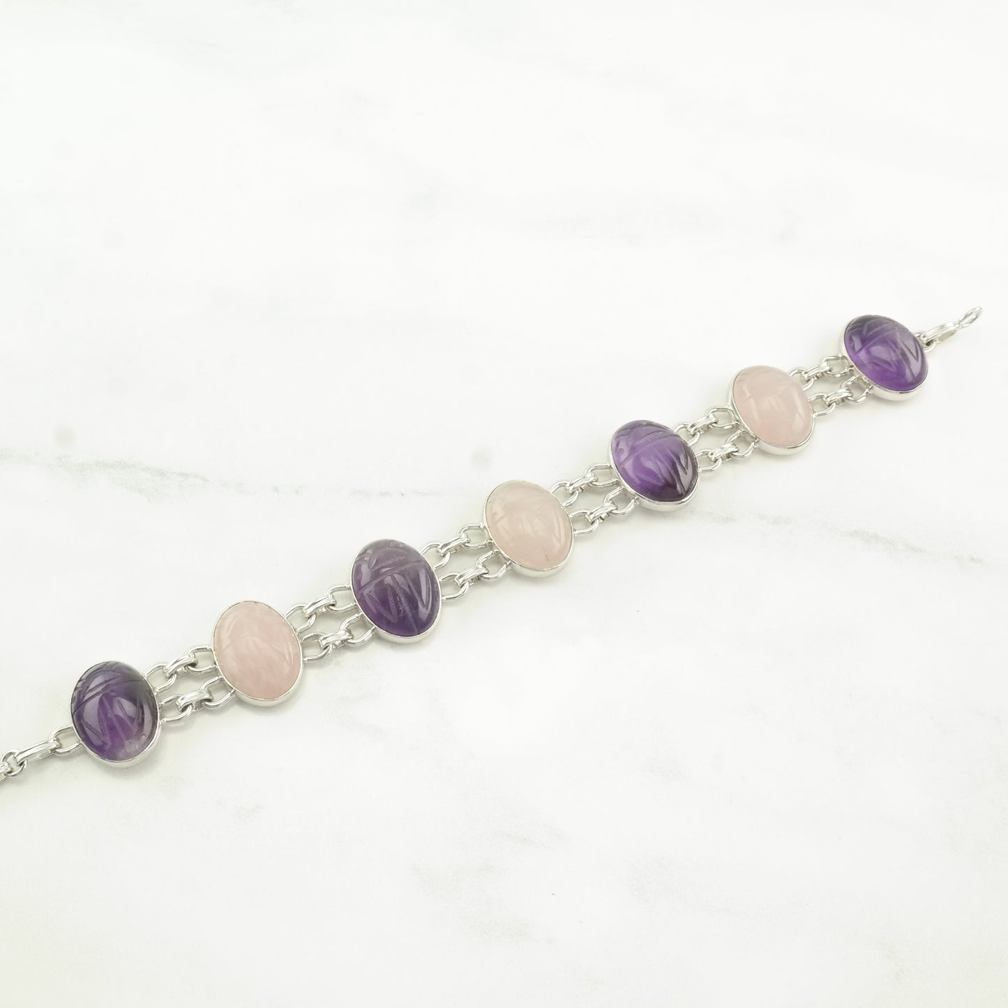 Egyptian Revival Sterling Silver Link Bracelet Pink, Purple Amethyst, Rose Quartz Carved Scarab, Beetle