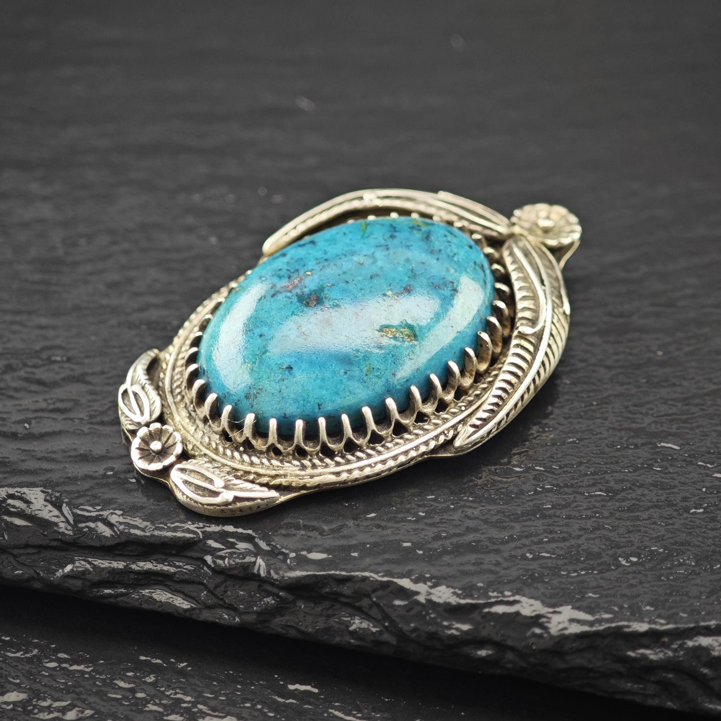 Native Treated Turquoise Floral Pendant Sterling Silver P2797