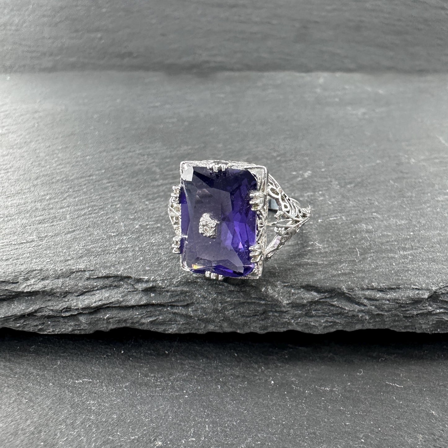 Art Deco Style Amethyst, Diamond Chip Ring Sterling Silver