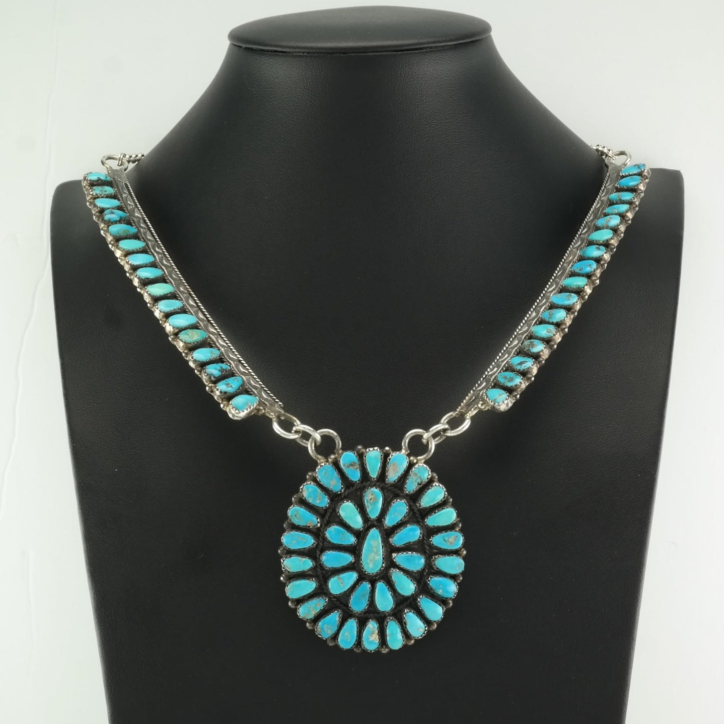 Native American Sterling Silver Blue Turquoise Cluster Necklace