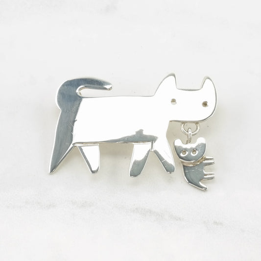 A&J Sterling Silver Brooch Dangling Kitten Cat