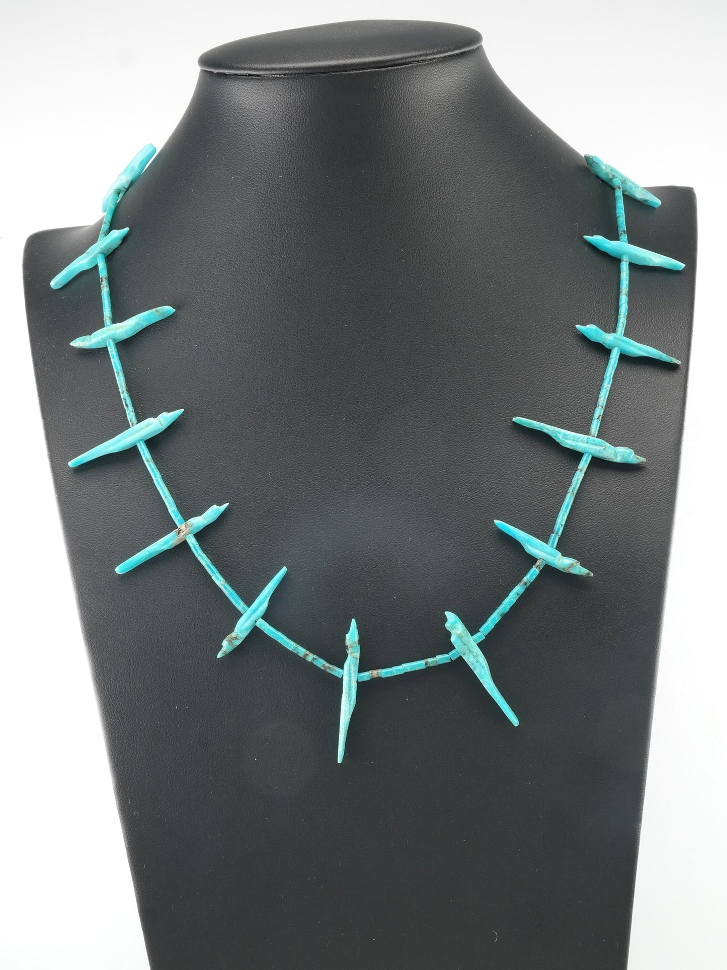 Zuni Blue Carved Turquoise Heishi Fetish Sterling Silver Necklace