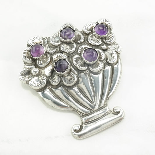 Taxco Sterling Silver Brooch Flower Basket Amethyst