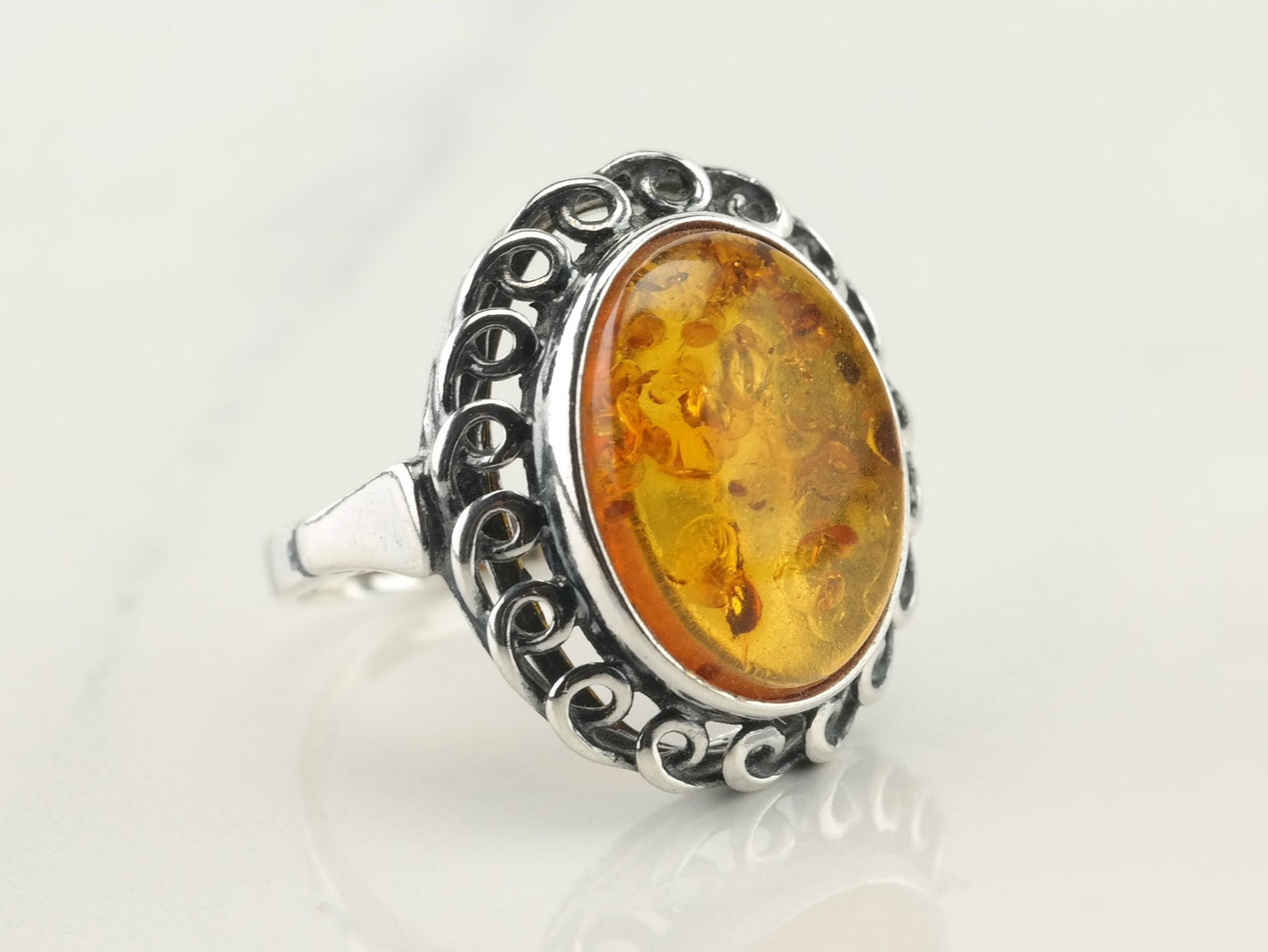 Sterling Silver Amber Ring Size 6 1/2