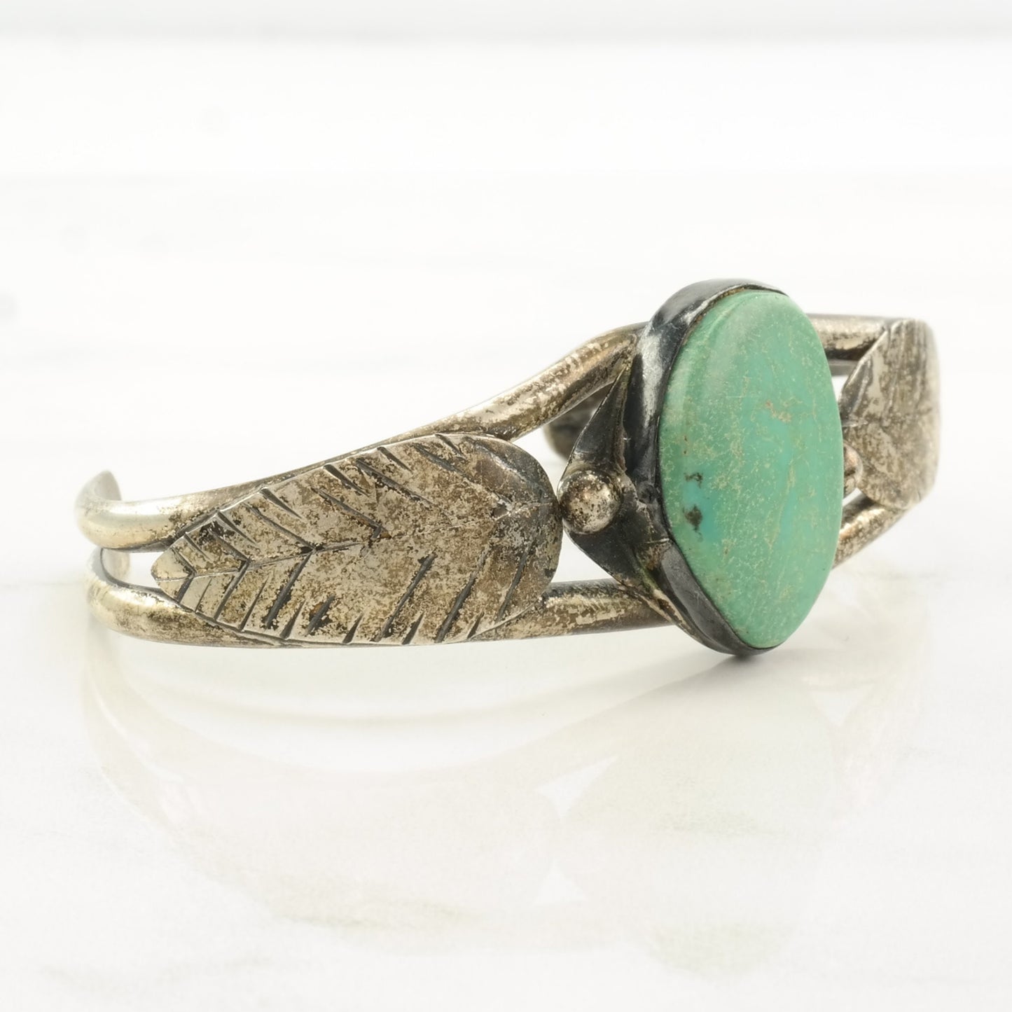 Native American Sterling Silver Cuff Bracelet Turquoise, Leaf, Feather