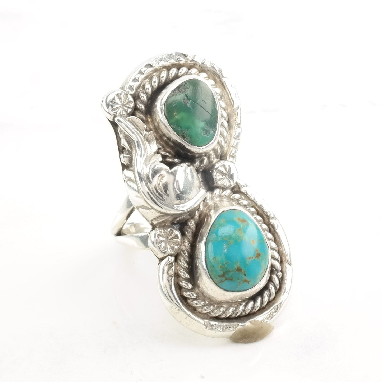 Native American Silver Ring Two Turquoise Leaf Size 6 3/4