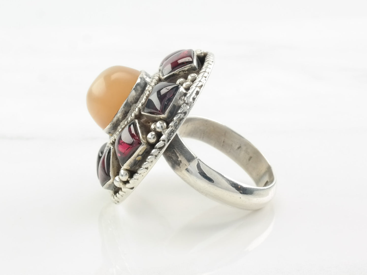 Modernist Silver Ring MOP, Garnet Sterling Size 5 3/4