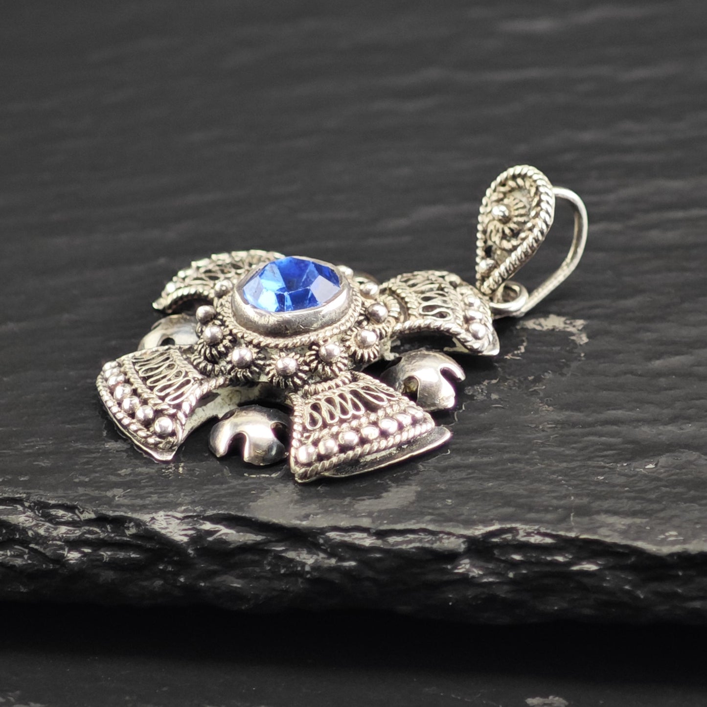Blue Stone Jerusalem Cross Pendant Sterling Silver P3074
