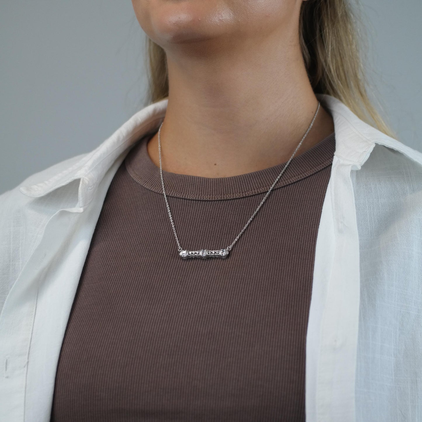 Vintage Judith Ripka DQCZ Bar Necklace Sterling Silver N2738