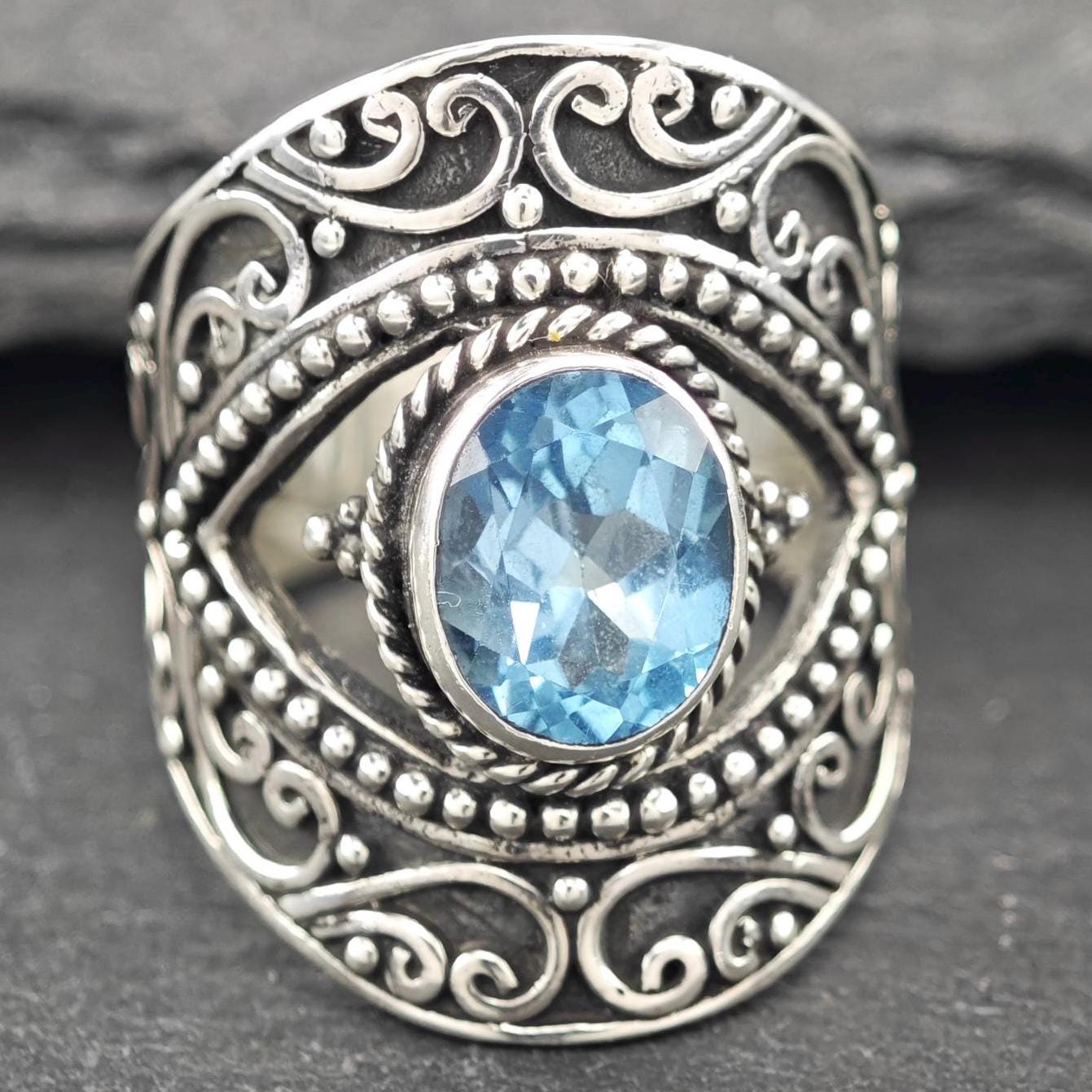 Vintage Topaz, Filigree Ring Sterling Silver