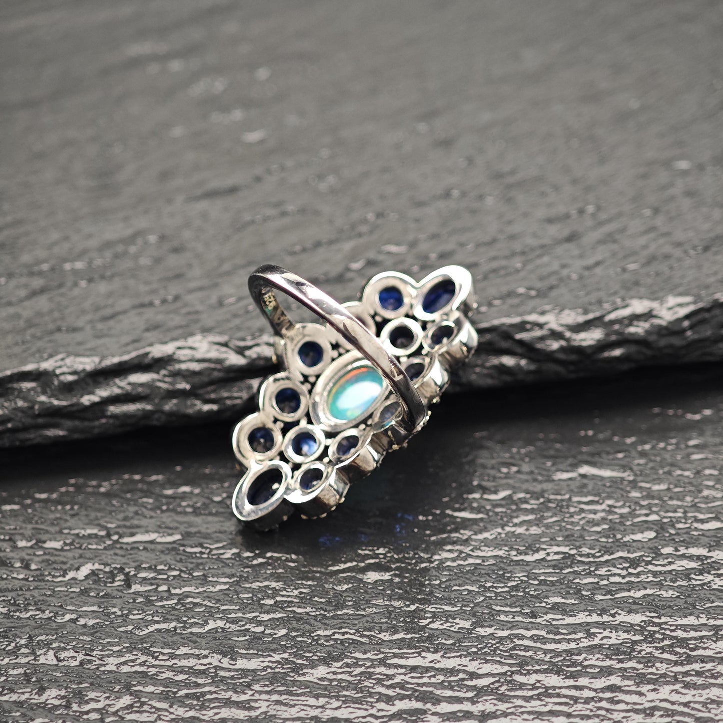 Oxidized Sterling Silver Diamond Sapphire, Opal Ring
