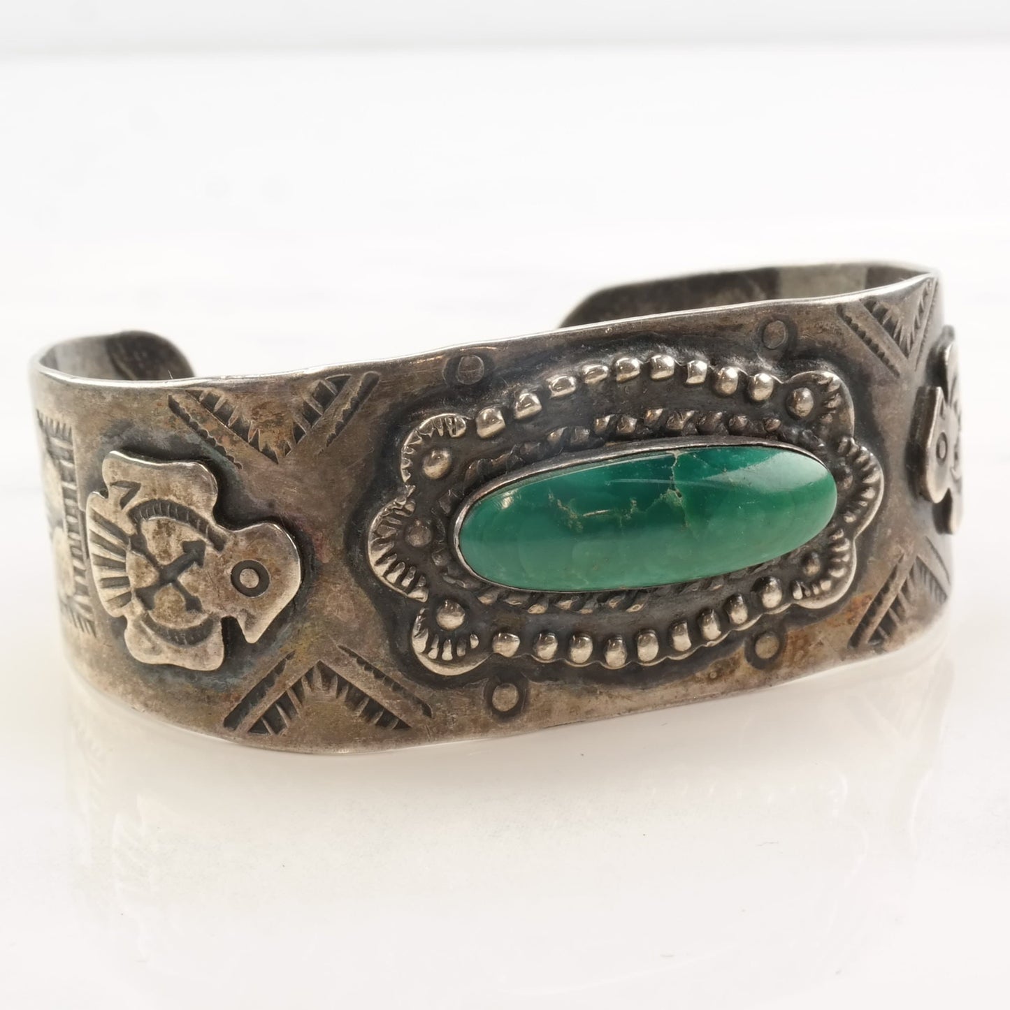 Native American Sterling Silver Cerillos Turquoise Eagle Fred Harvey Era Cuff Bracelet