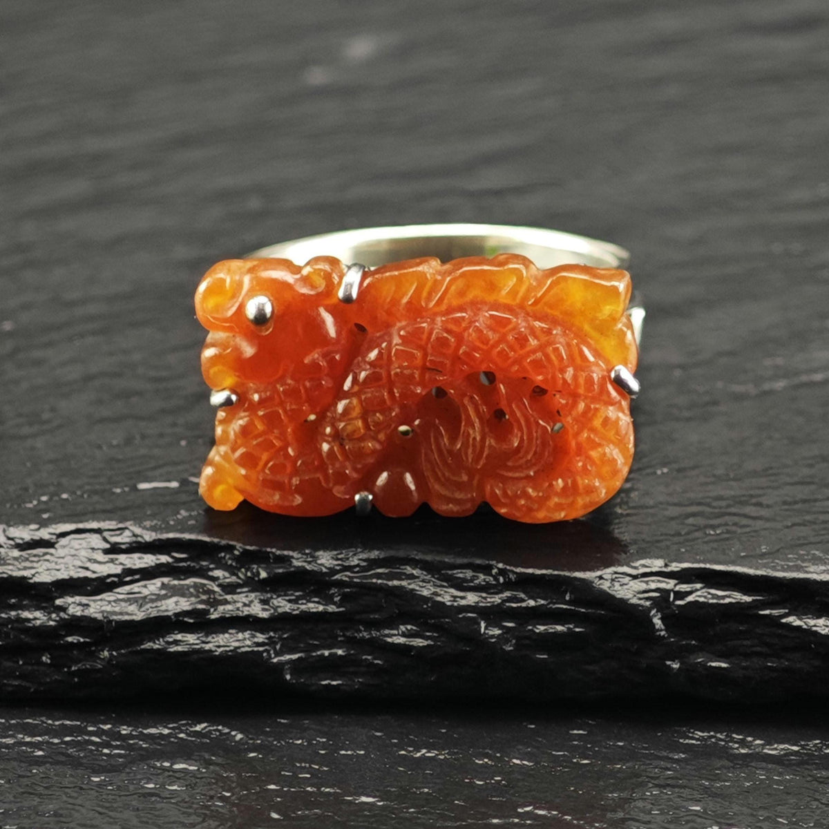 Carved Carnelian Chinese Dragon Sterling Silver Ring Sz 9 R6853