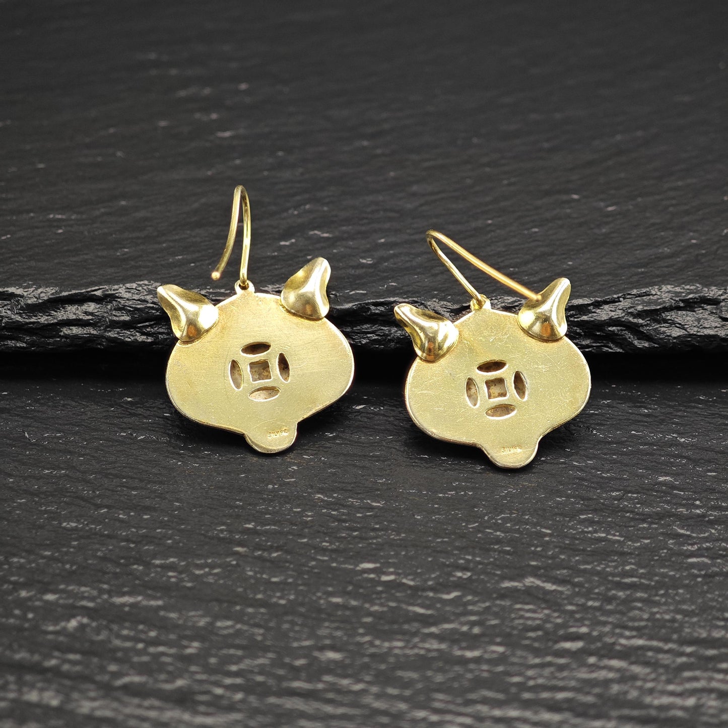 Laurel Burch Orange, Gold Gilded Enamel Cheetah Cat Fish Hook Earrings Sterling Silver