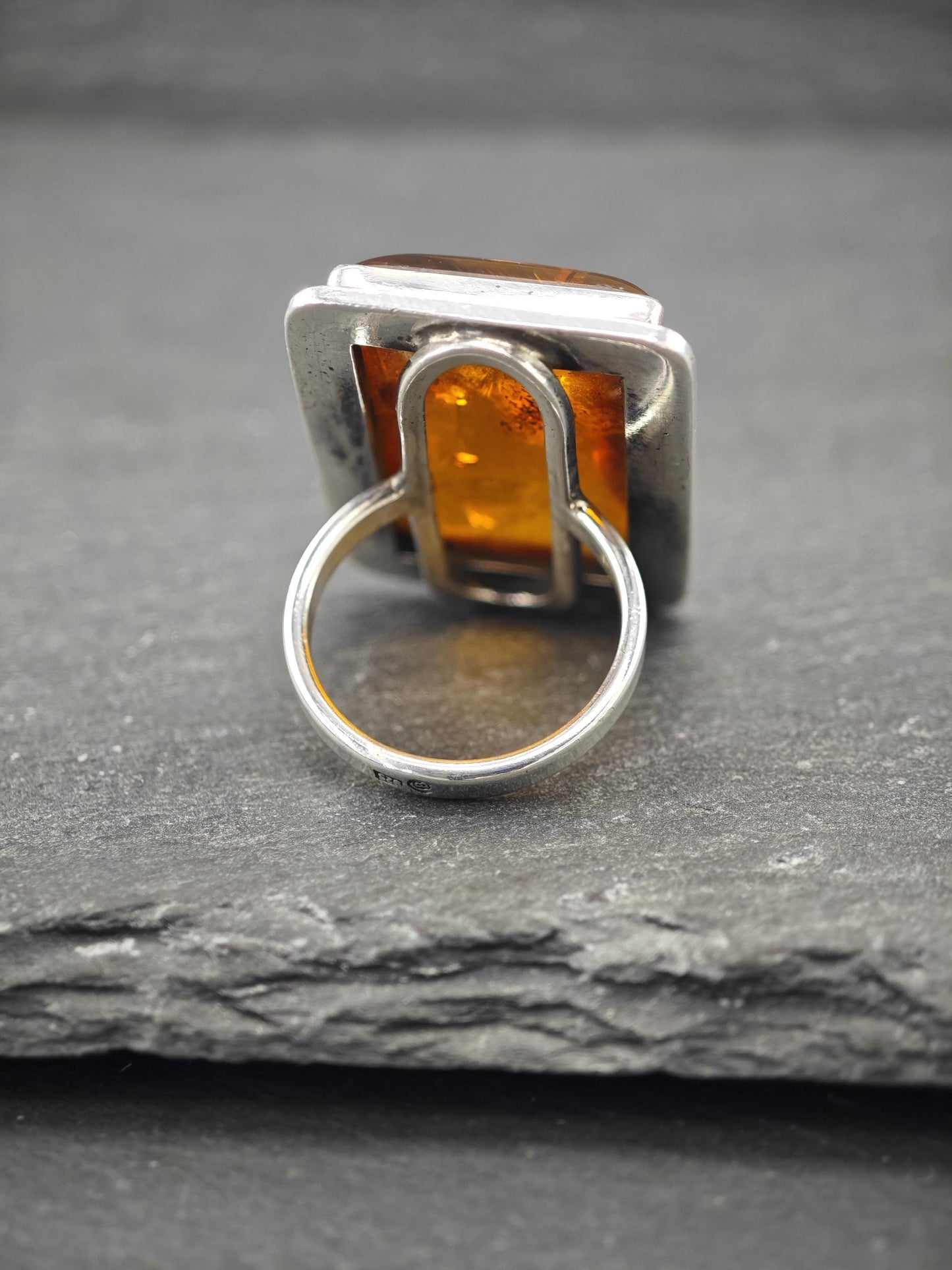 Large Rectangular Amber Ring Sterling Silver