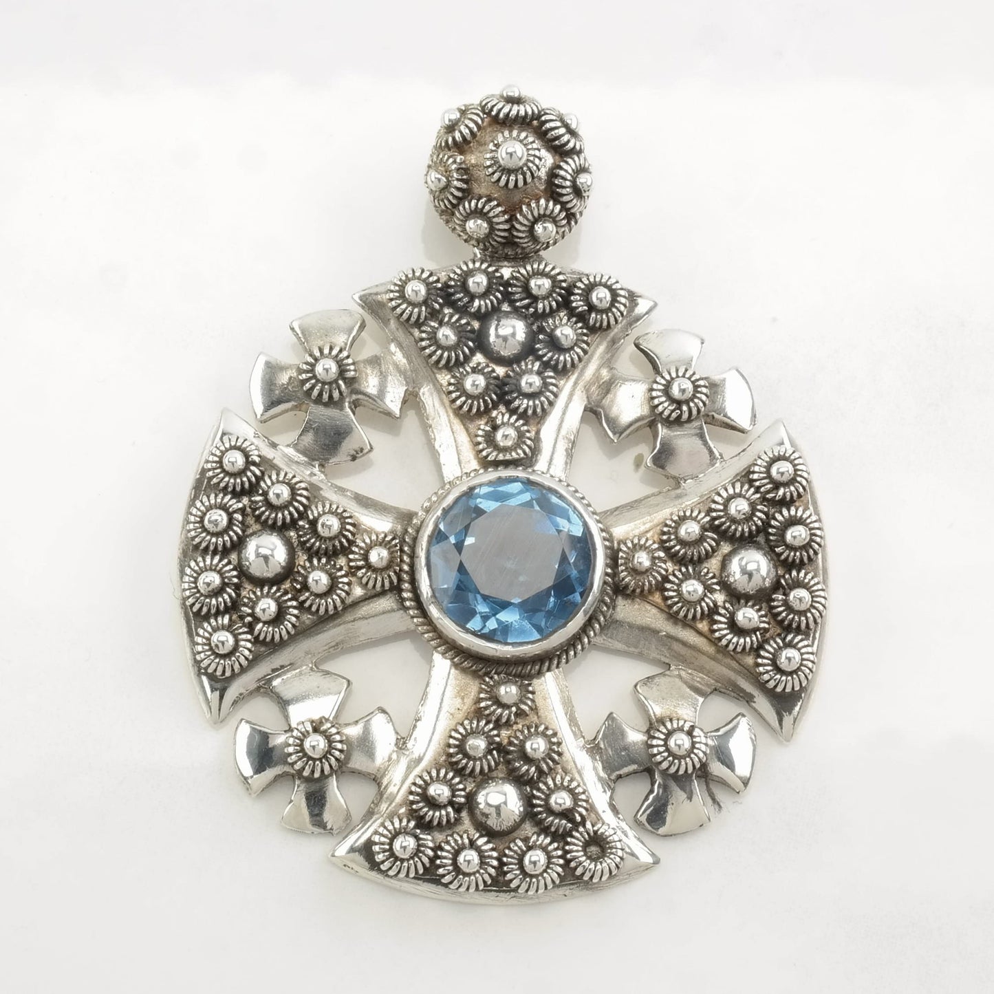 Vintage Topaz Jerusalem Cross Sterling Silver Pendant