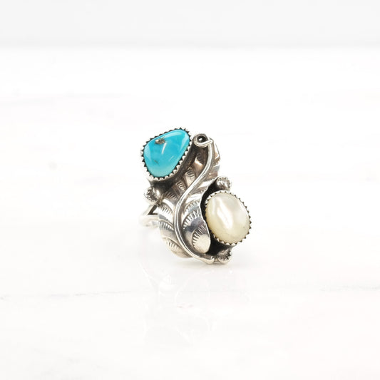 Native American Silver Ring MOP Turquoise Leaf Double Sterling Size 6 1/4