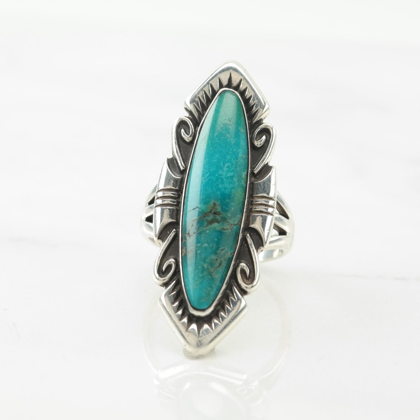 Long Navette Turquoise Sterling Silver Ring Size 6 1/2 Bell Trading Post