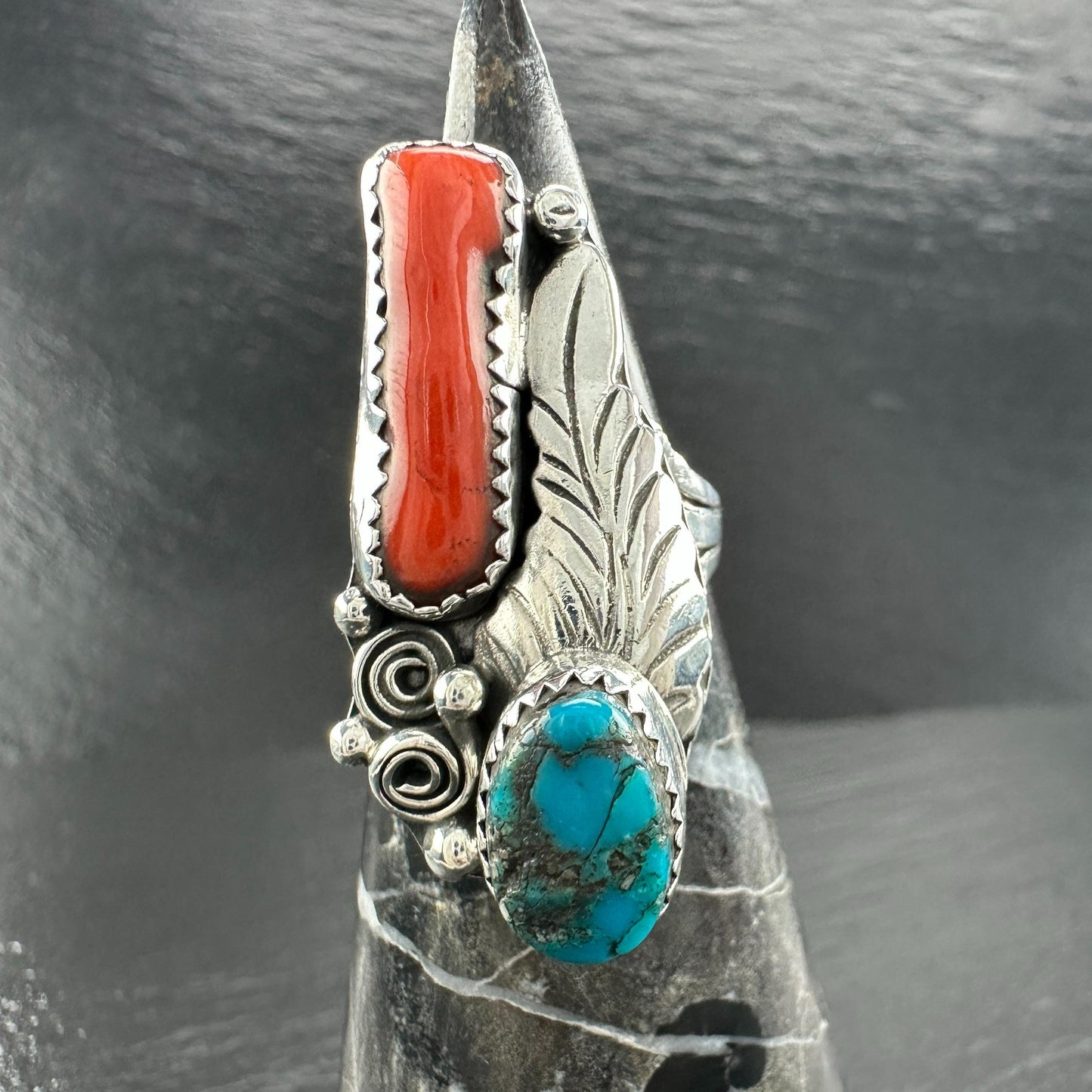 Turquoise Coral Floral Ring Sterling Silver Size 6 1/2 R5829
