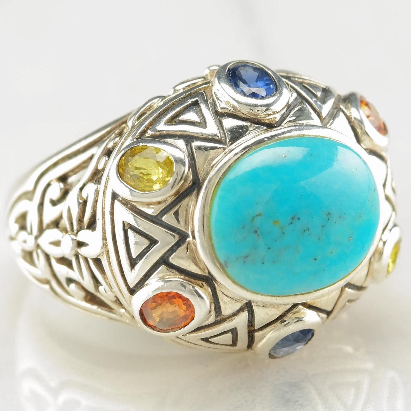 Vintage Statement Sterling Silver Ring Size 8 Turquoise Natural Sapphires