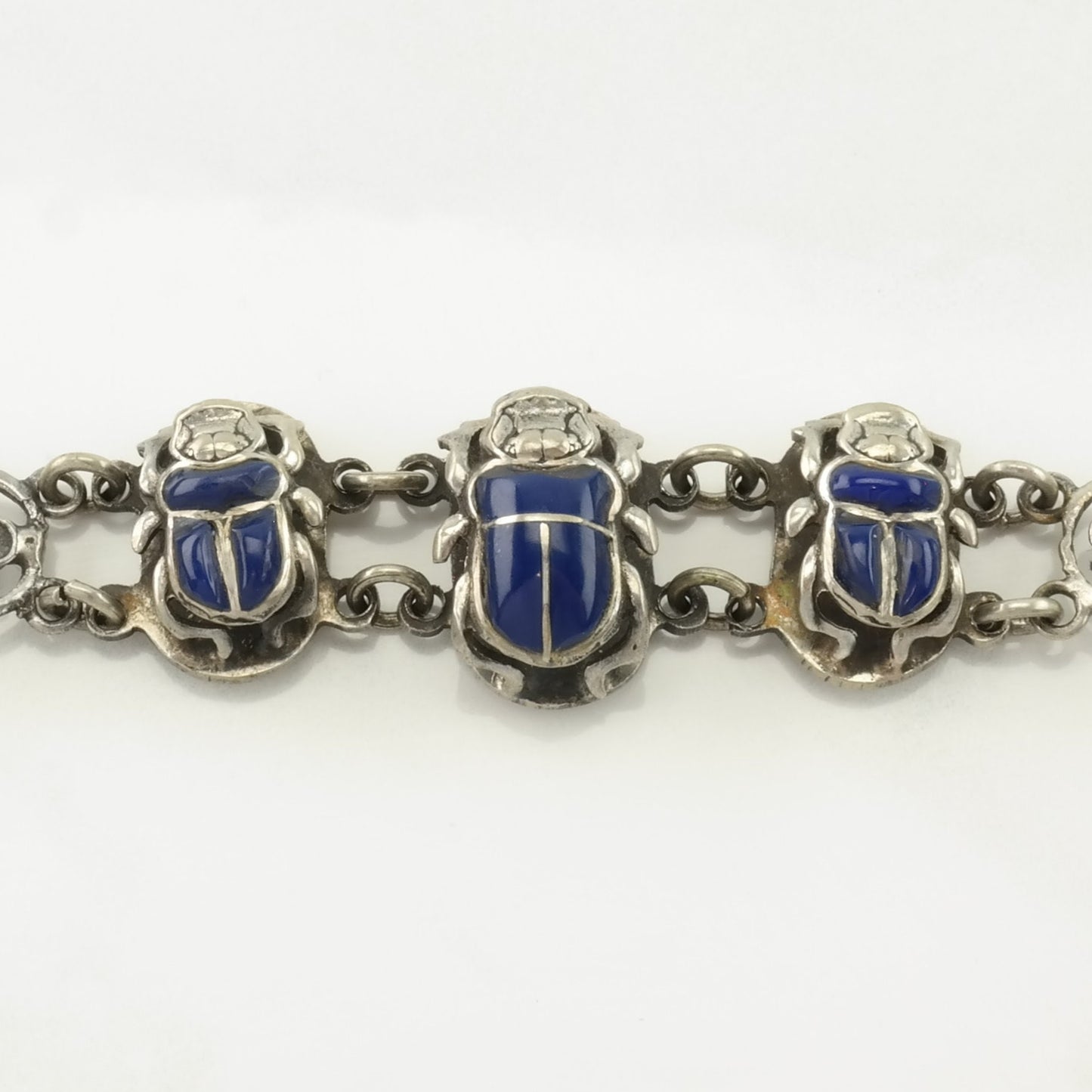 Archeological Revival Sterling Silver Link Bracelet Blue Enamel Scarab, Egyptian Themes