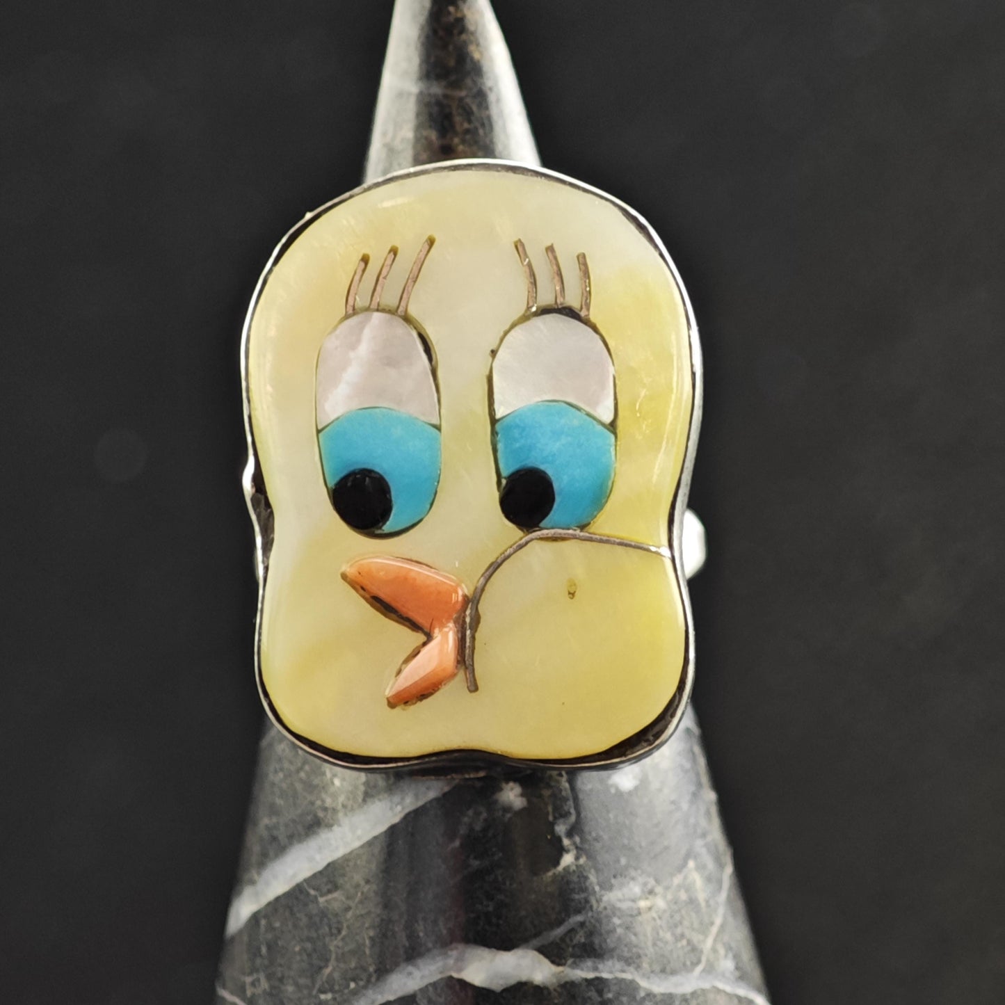 Cartoon Bird Inlay Sterling Silver Ring Sz 6 R6556