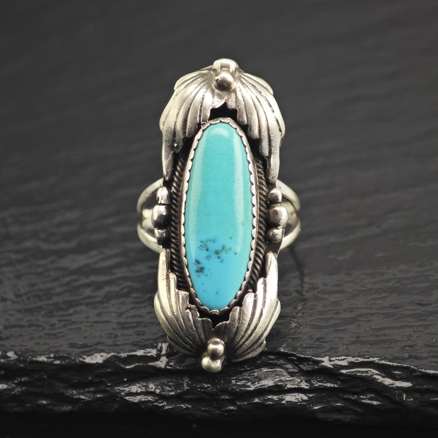 Oval Turquoise Feather Detail Sterling Silver Ring Sz 7 R6653