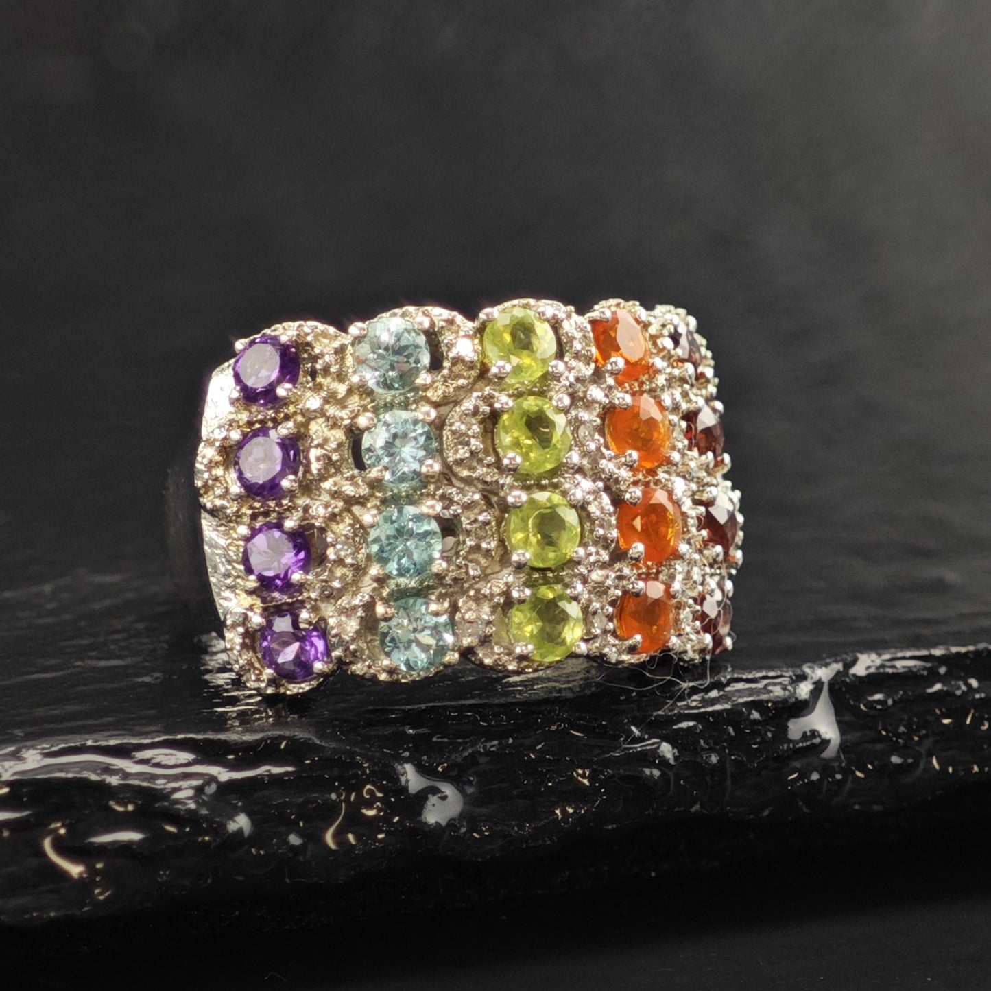 Rainbow Multistone Diamond Sterling Silver Ring Sz 8 R6557