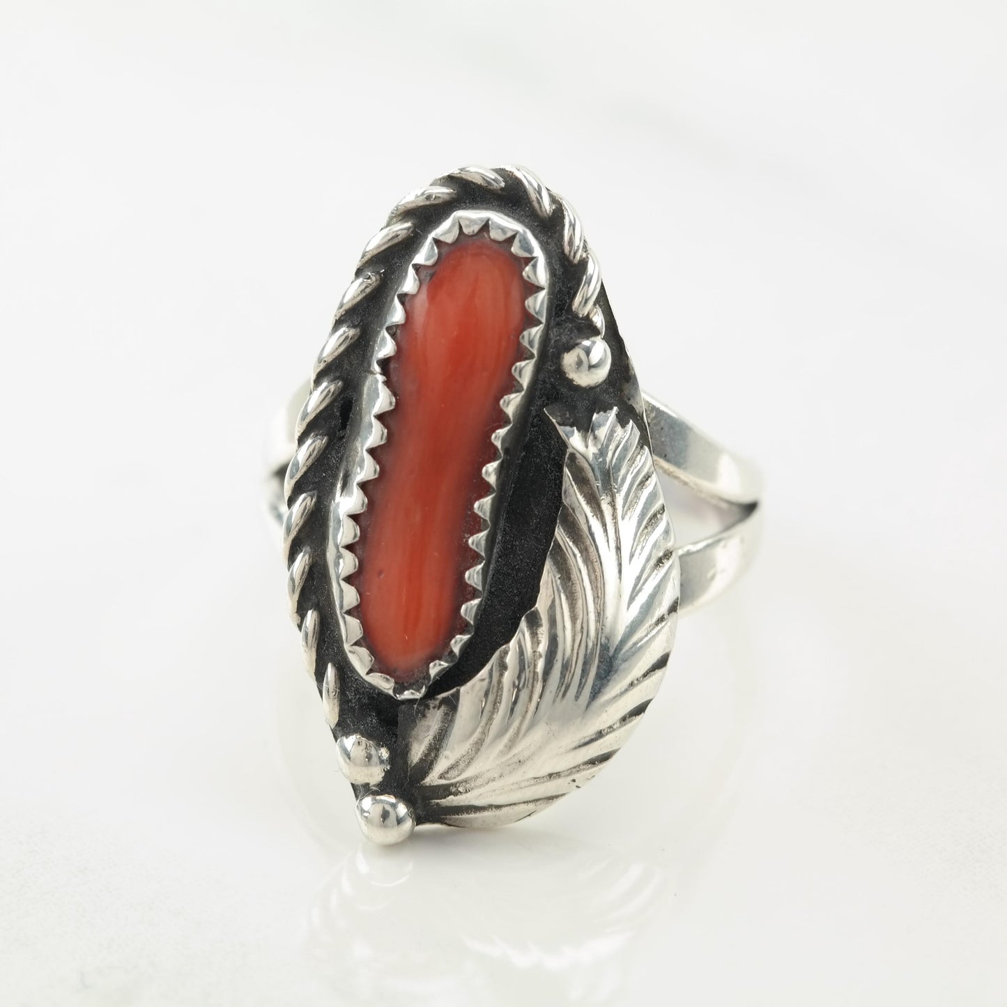 Native American Coral, Floral Sterling Silver Ring Size 6 1/2